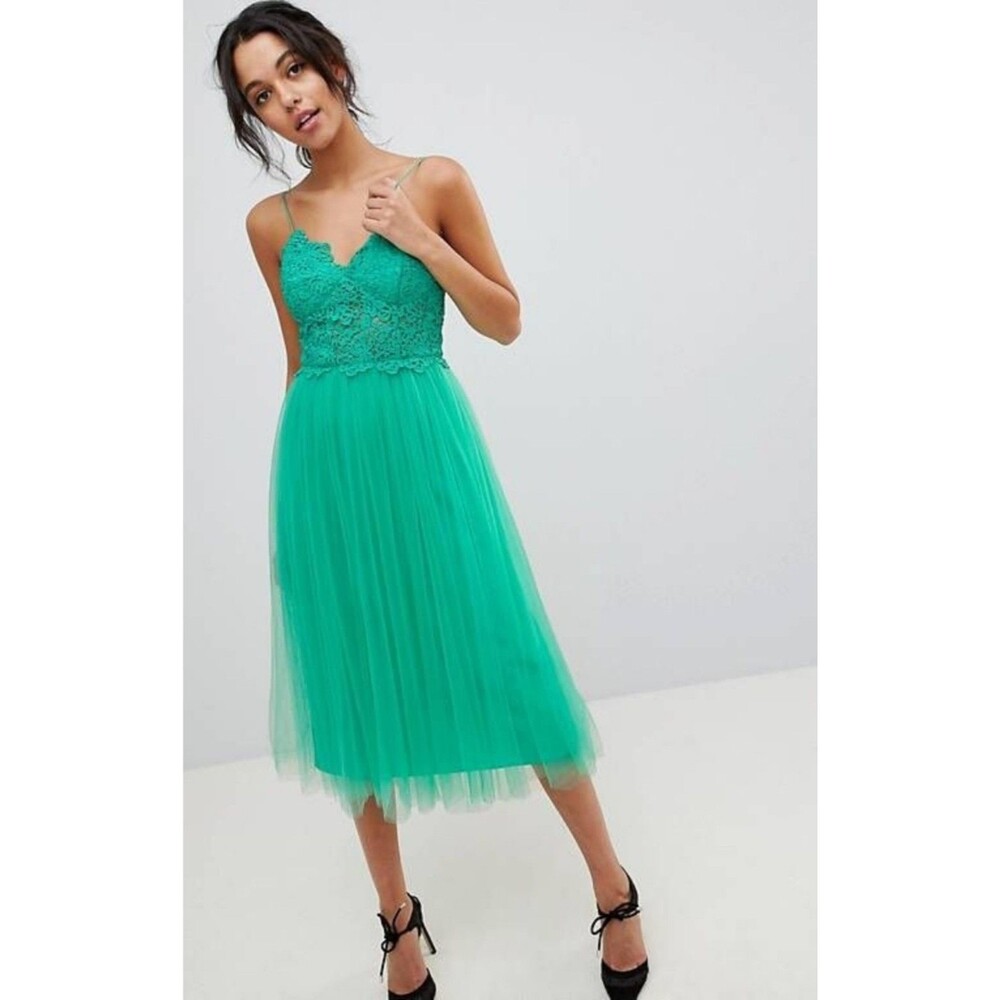 NWT ASOS Green Lace Bodice Spaghetti Strap Tulle Skirt Midi Dress Size 6
